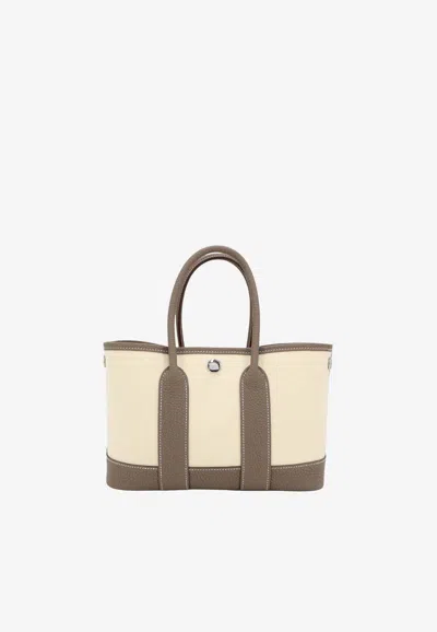 Hermes Neo Garden 23 In Vanille Toile Officier Canvas And Etoupe Negonda With Palladium Hardware In White