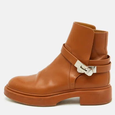 Pre-owned Hermes Neo Size 38.5 Tan Leather Ankle Length Boots In Brown