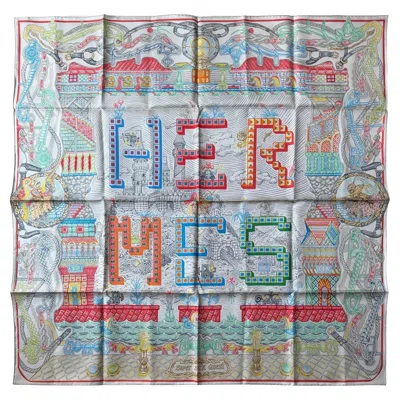 Pre-owned Hermes New Argent/ Corail/ Multi Super Silk Quest 90cm Silk Scarf In Gray