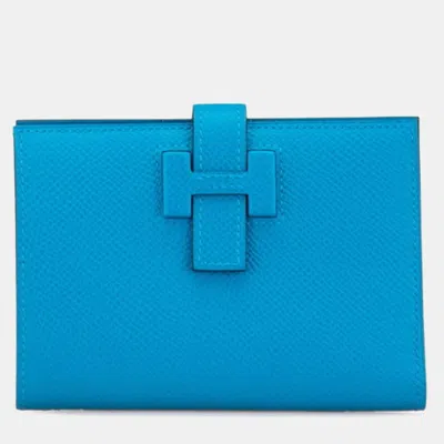 Pre-owned Hermes New H Passant Compact Bi-fold Wallet Blue Epsom Leather