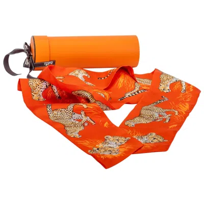 Pre-owned Hermes New In Box  Orange Guepards Maxi Twilly Thin Scarf