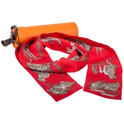 Pre-owned Hermes New In Box  Red Guepards Maxi Twilly Thin Scarf