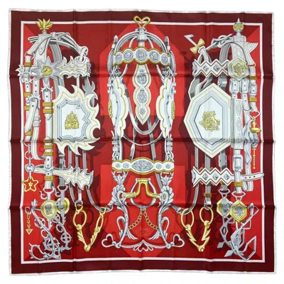 Pre-owned Hermes New Rouge/ Gris Argent Brides Et Destin 90cm Silk Scarf In Brown