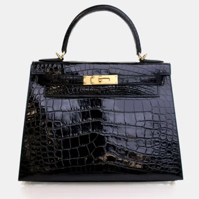 Pre-owned Hermes Noir Alligator Sellier Kelly 28 In Black