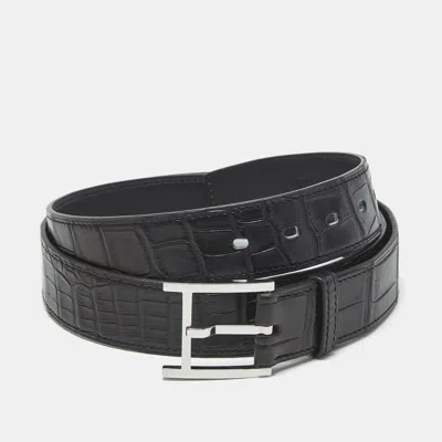 Pre-owned Hermes Noir Crocodile Porosus H Buckle Belt 95 Cm In Black