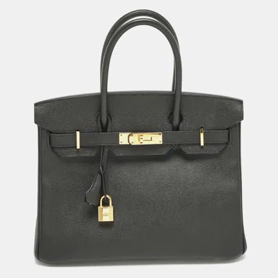 Pre-owned Hermes Noir Epsom Leather Gold Finish Birkin 30 Bag In Black