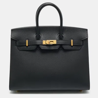 Pre-owned Hermes Noir Epsom Leather Gold Finish Birkin Sellier 25 Bag In Black