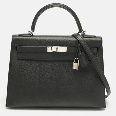 Pre-owned Hermes Noir Epsom Leather Palladium Finish Kelly Sellier 32 Bag In Black