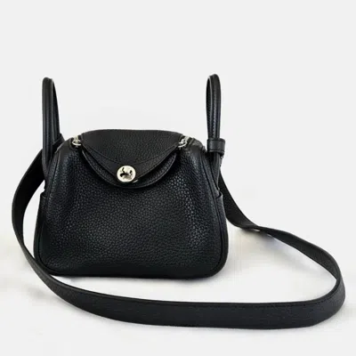 Pre-owned Hermes Noir Taurillon Clemence Leather Palladium Finish Mini Lindy