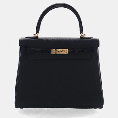 Pre-owned Hermes Noir Togo Lizard Touch Kelly 25 In Black