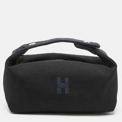 Pre-owned Hermes Noir/bleu Nuit Canvas Small Bride-a-brac Pouch In Blue