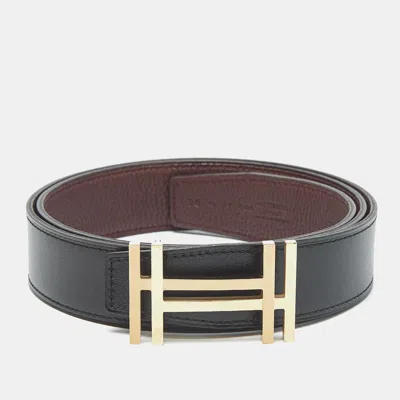 Pre-owned Hermes Noir/bordeaux Box And Togo Leather H Au Carre Reversible Belt 90 Cm In Black