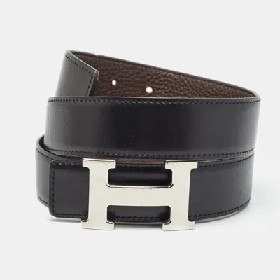 Pre-owned Hermes Noir/cacao Chamonix And Togo Leather H Martelee Buckle Reversible Belt 100 Cm In Black
