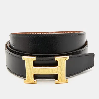 Pre-owned Hermes Hermès Noir/gold Box And Togo Leather Guilloche H Buckle Reversible Belt 85 Cm