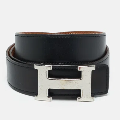 Pre-owned Hermes Hermès Noir/gold Box And Togo Leather H Buckle Reversible Belt 85 Cm In Black