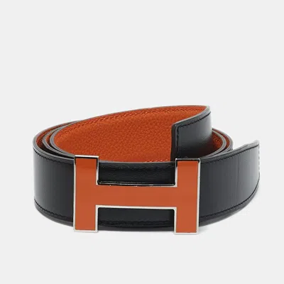 Pre-owned Hermes Hermès Noir/orange Box And Togo Leather Qiuzz H Reversible Belt 80 Cm