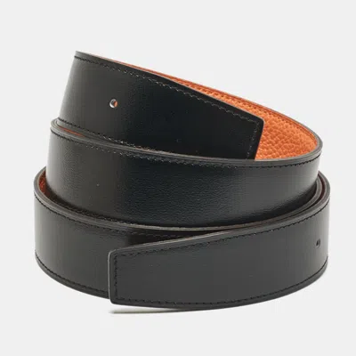 Pre-owned Hermes Noir/orange Box And Togo Leather Reversible Belt Strap 95 Cm In Black