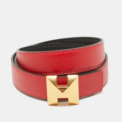 Pre-owned Hermes Noir/rouge Casaque Swift And Epsom Leather Medor H Buckle Belt 90 Cm In Black