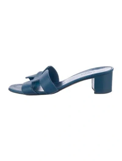 Pre-owned Hermes Oasis H Logo Slides In Blue