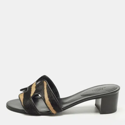 Pre-owned Hermes Oasis Size 36 Black/beige Calf Hair And Leather Slide Sandals