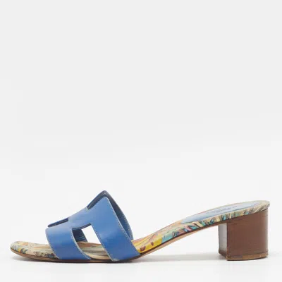 Pre-owned Hermes Oasis Size 36.5 Blue Leather Block Heel Slide Sandals
