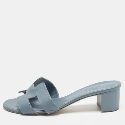 Pre-owned Hermes Oasis Size 37 Blue Leather Slide Sandals
