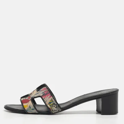 Pre-owned Hermes Oasis Size 38 Black Leather Slide Sandals