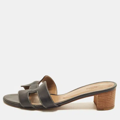 Pre-owned Hermes Oasis Size 38 Black Leather Slide Sandals