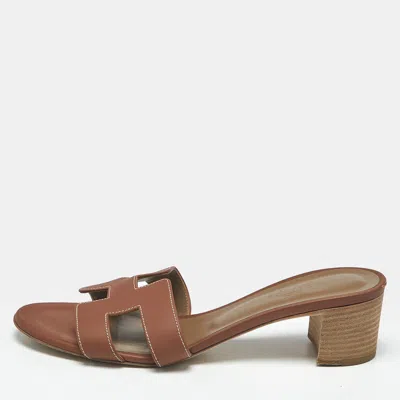 Pre-owned Hermes Oasis Size 38.5 Brown Leather Block Heel Slide Sandals