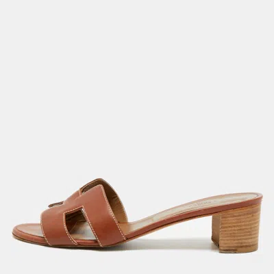 Pre-owned Hermes Oasis Size 40 Brown Leather Block Heel Slide Sandals