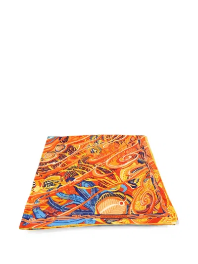 Pre-owned Hermes Ocean-print Silk Scarf In Red