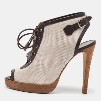 Pre-owned Hermes Off White/brown Canvas And Leather Platform Booties Size 37