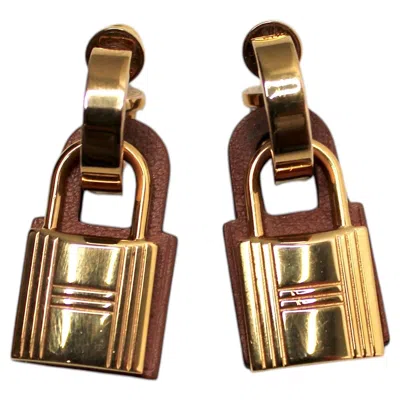 Pre-owned Hermes Hermès O'kelly Gold-plated Brass & Brown Swift Leather Padlock Earrings