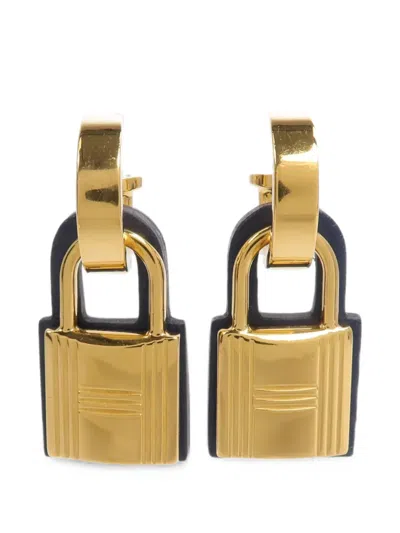 Pre-owned Hermes O'kelly Padlock Earrings In Gold