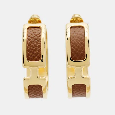 Pre-owned Hermes Hermès Olympe Leather Gold Plated Hoop Earring