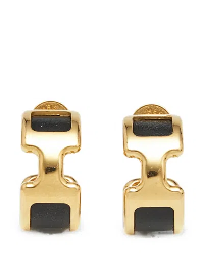 Pre-owned Hermes Olympe Leather Hoop Earrings In Gold