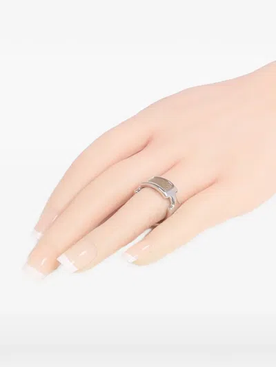 Pre-owned Hermes Olympe Leather Ring In Silver