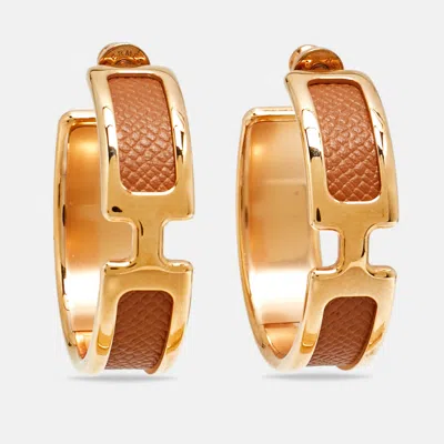 Pre-owned Hermes Hermès Olympe Leather Rose Gold Plated Hoop Earring