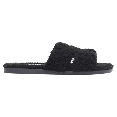 Pre-owned Hermes Oran Black Shearling H Cut Out Flat Block Sandals Eu41.5