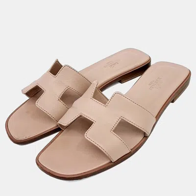 Pre-owned Hermes Hermès Oran Brown Leather Slippers Eu 38