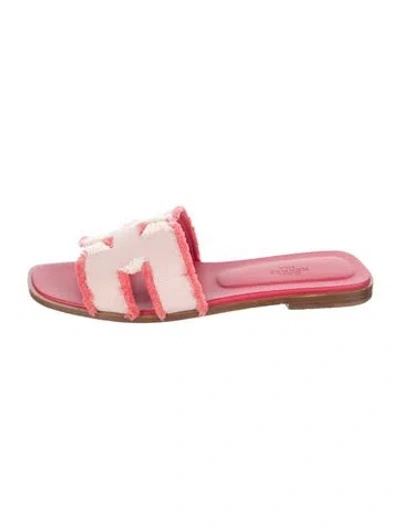 Pre-owned Hermes Oran Canvas Slides In Pink