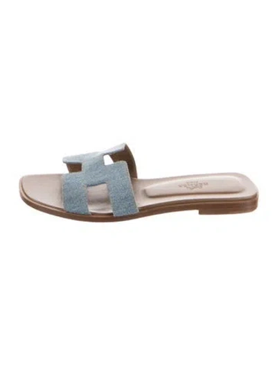 Pre-owned Hermes Oran Denim Slides In Blue