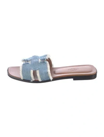 Pre-owned Hermes Oran Denim Slides In Blue