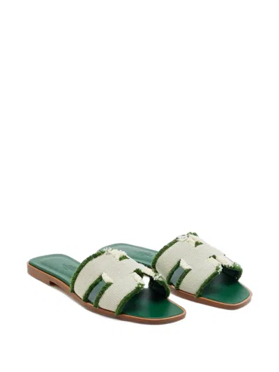 Pre-owned Hermes Oran Frayed-canvas Slide Sandals In Green