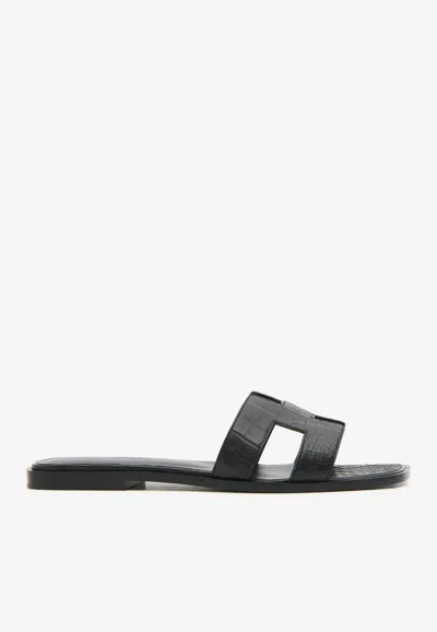 Hermes Oran H Cut-out Sandals In Black Matte Alligator