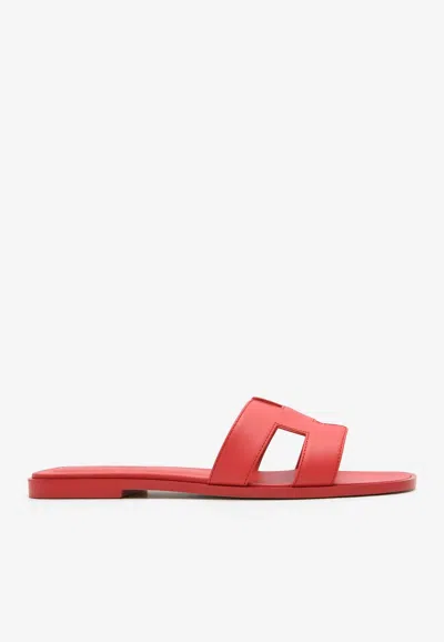 Pre-owned Hermes Oran H Cut-out Sandals In Rose Vermillon Epsom Leather