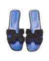 HERMES HERMES ORAN H LOGO ICONIC BLACK BEADED BLUE INSOLE SANDALS SHOES