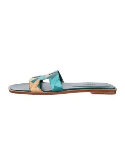 Pre-owned Hermes Oran H Logo Slides In Blue