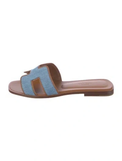 Pre-owned Hermes Oran H Logo Slides In Blue/brown