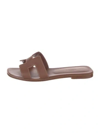 Pre-owned Hermes Oran H Logo Slides In Brown